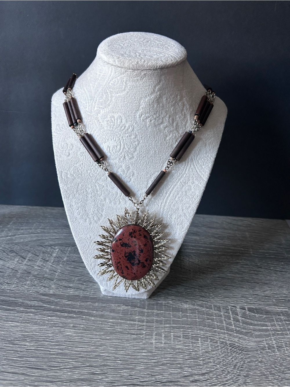 Sunburst Pendant Necklace with Red Jasper Stone and Dark Brown Beads